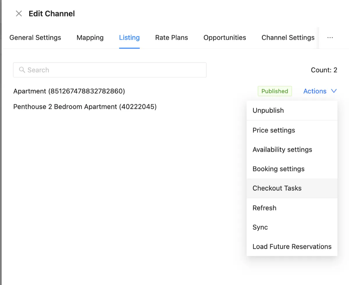 Channex Listings tab showing Actions dropdown with Checkout Tasks option