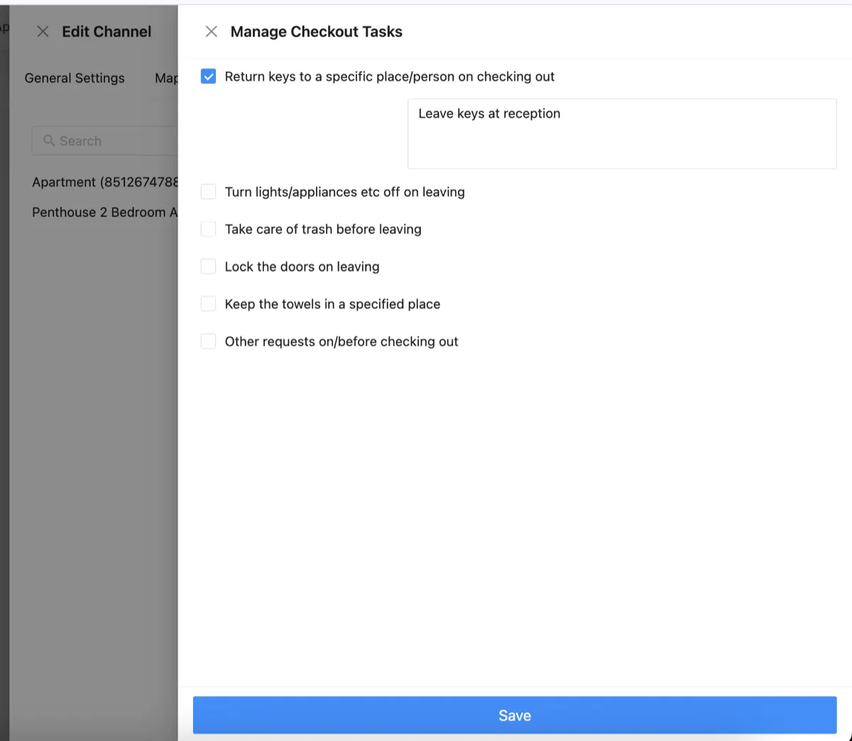 Manage Checkout Tasks interface in Channex with various checkout options