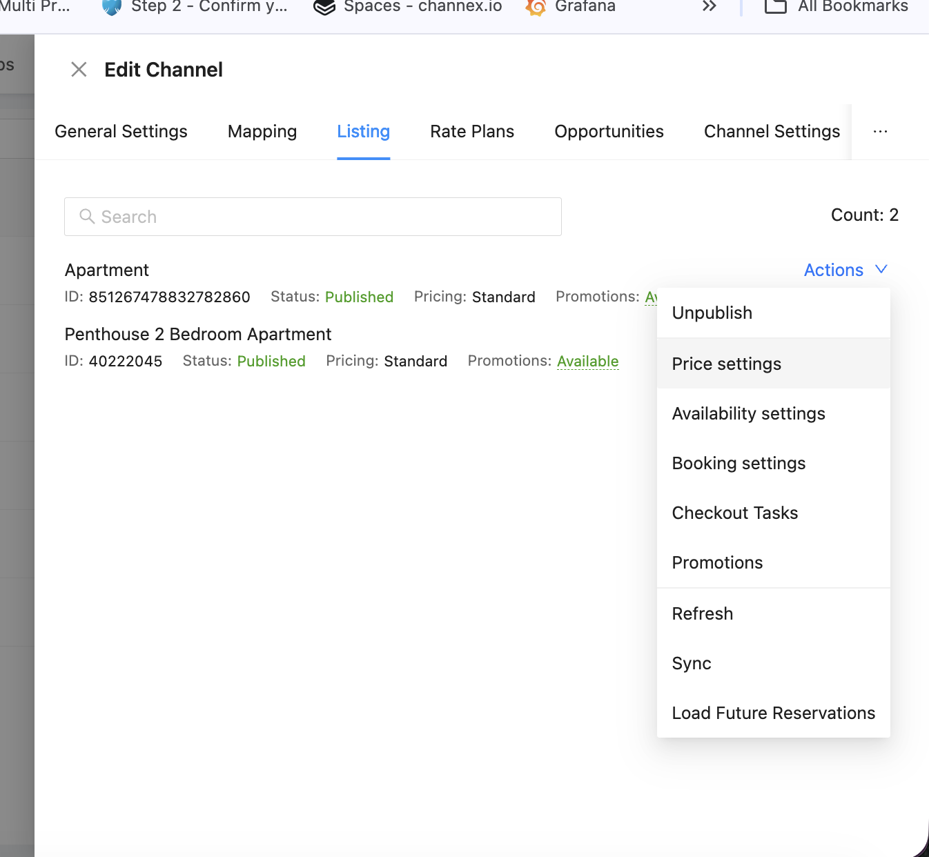Channex Edit Channel Listing tab showing Price Settings option in Actions menu
