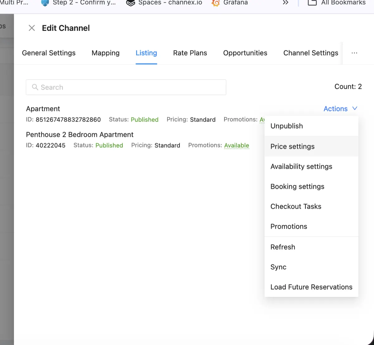 Channex Edit Channel Listing tab showing Price Settings option in Actions menu