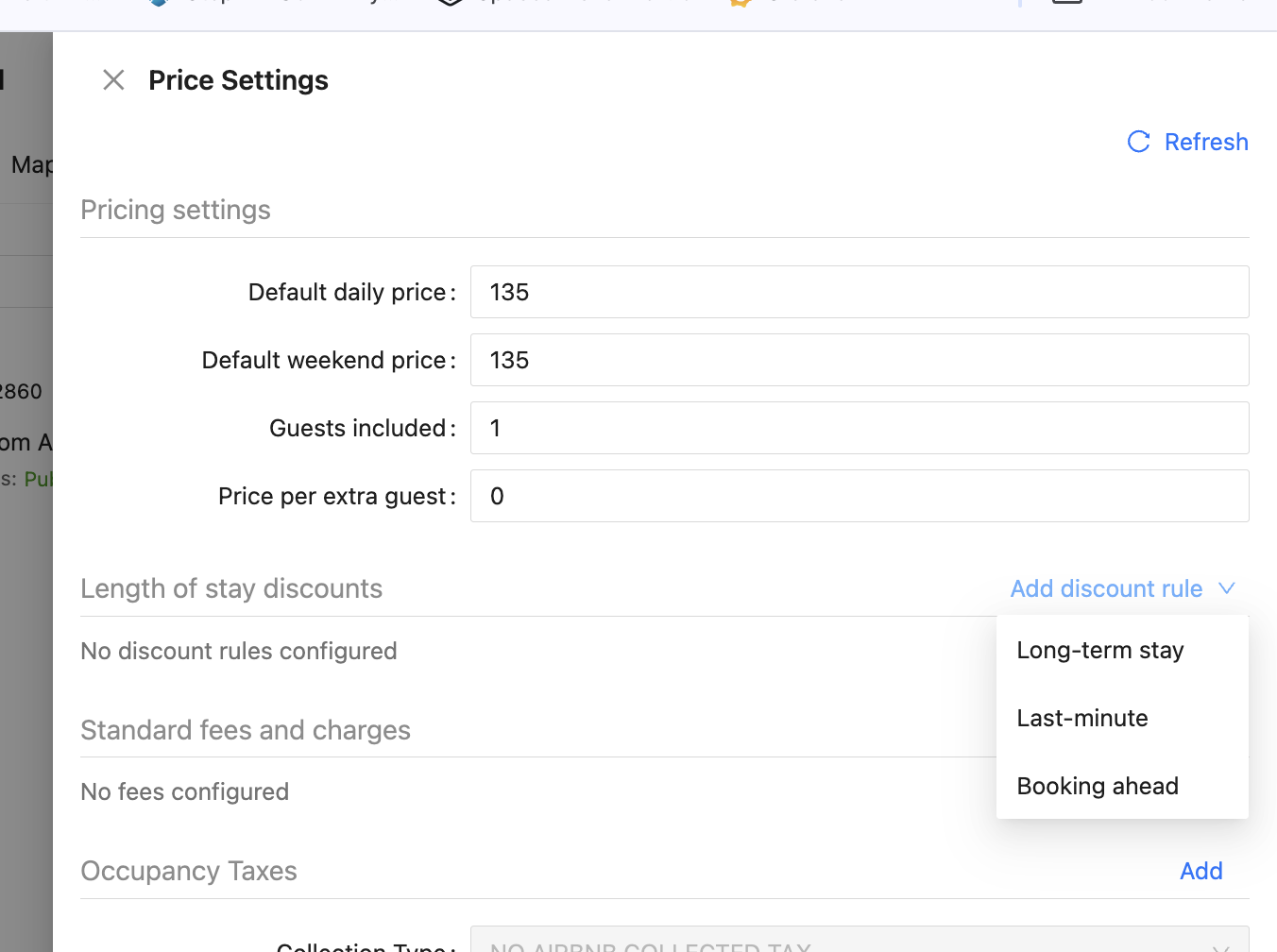 Channex Price Settings modal showing Add Discount Rule dropdown with Last-minute option