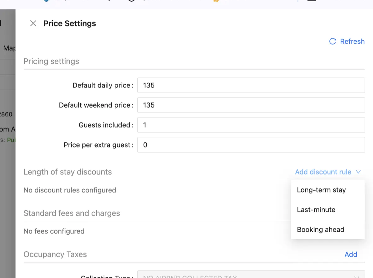 Channex Price Settings modal showing Add Discount Rule dropdown with Last-minute option
