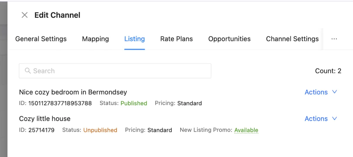 Channex Listing tab showing New Listing Promo Available status