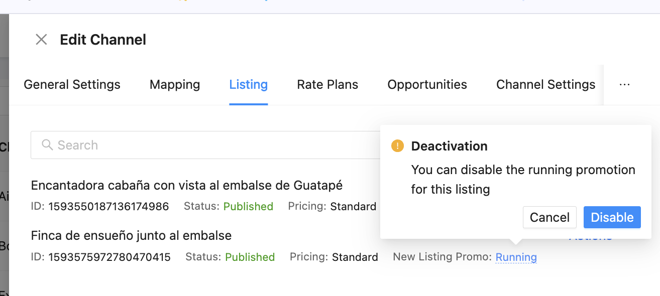 Channex showing option to disable running New Listing Promo