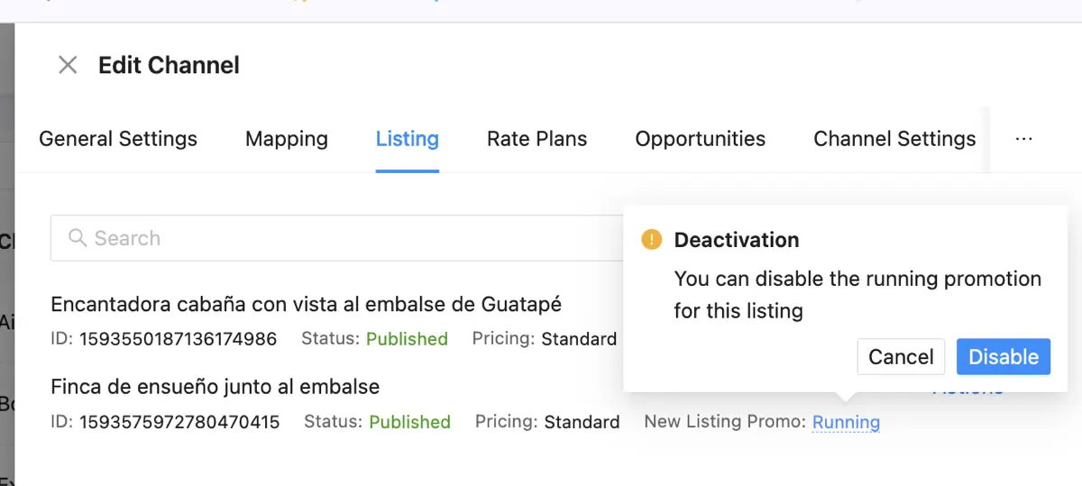 Channex showing option to disable running New Listing Promo