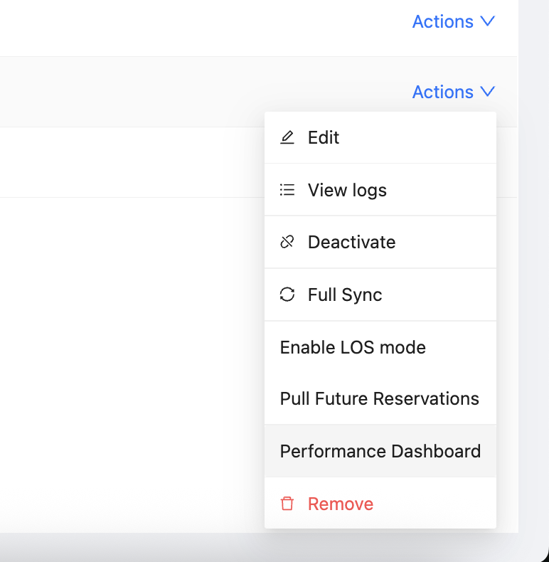 Channex Actions menu showing Performance Dashboard option