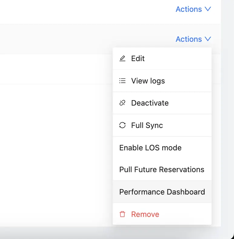 Channex Actions menu showing Performance Dashboard option