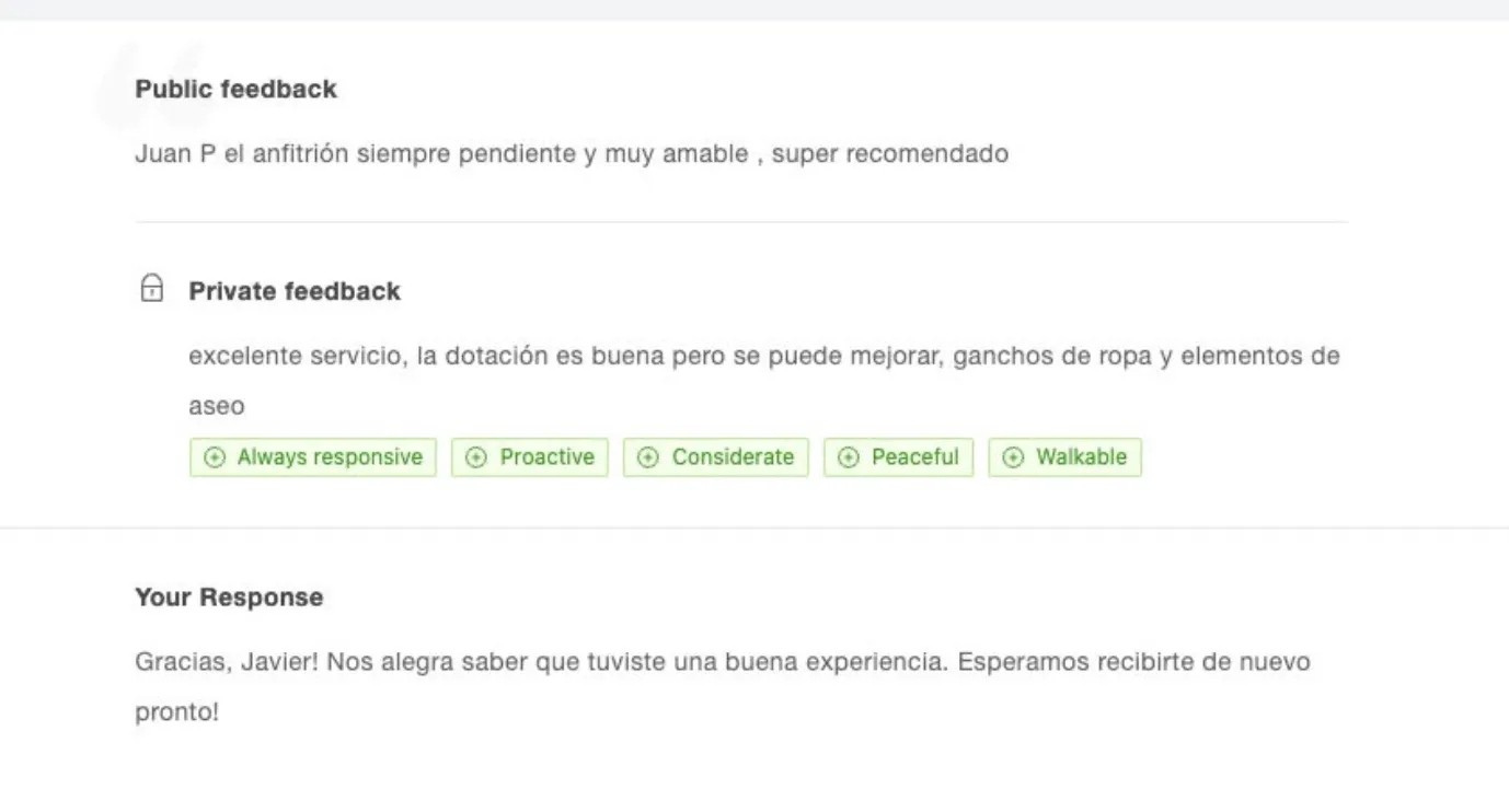 Airbnb guest feedback showing public and private feedback with positive tags