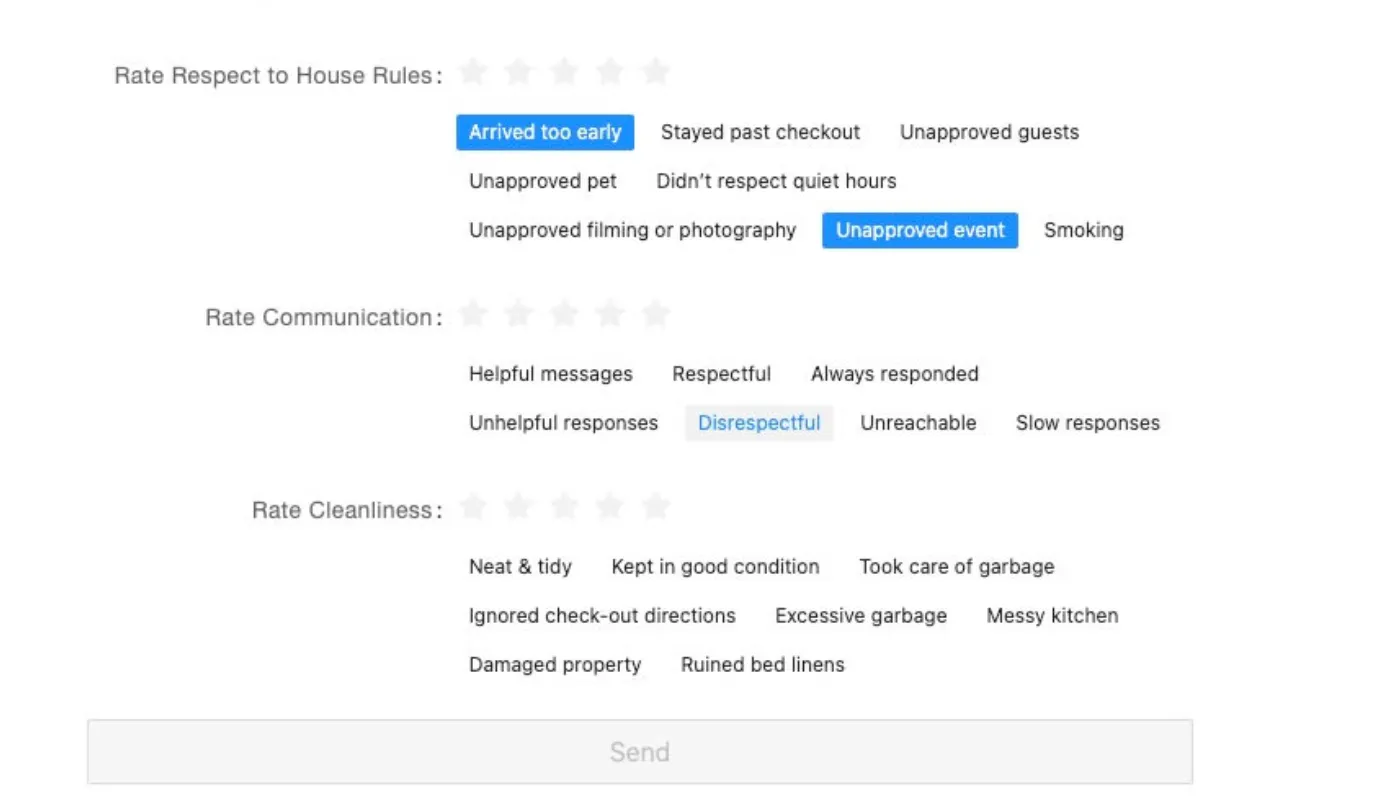 Airbnb review tags interface showing rating categories for house rules, communication, and cleanliness