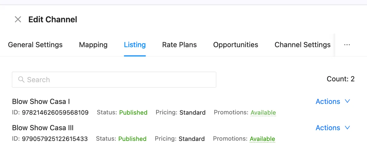 Channex Airbnb channel Listing tab showing two published listings with a Promotions column marked Available