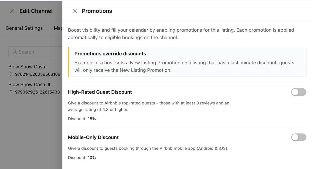 Channex Promotions panel showing the Mobile-Only Discount at 10% and the High-Rated Guest Discount at 15%, each with a toggle