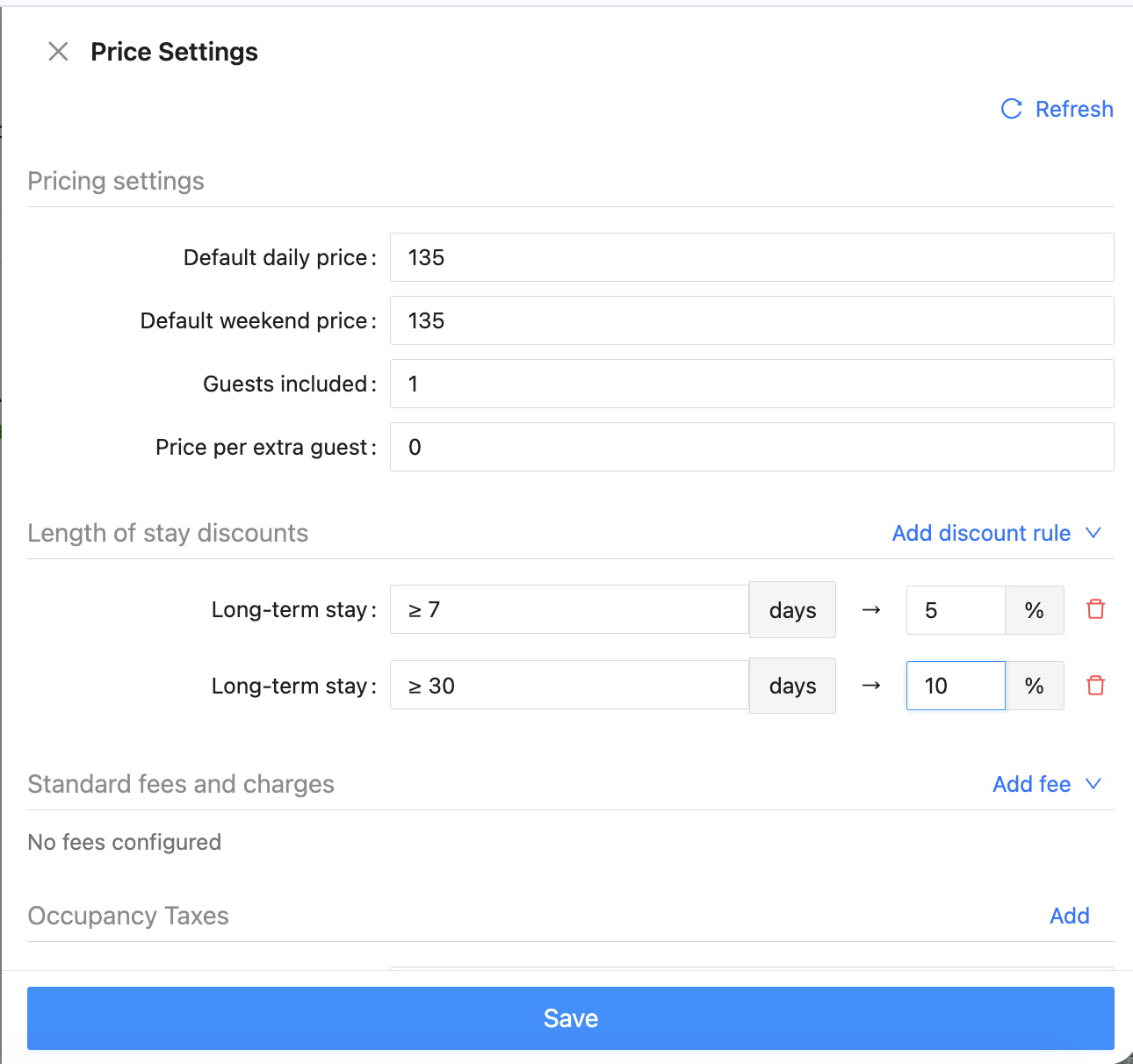 Channex Pricing Settings showing weekly (7+ days, 5%) and monthly (30+ days, 10%) long-term stay discounts