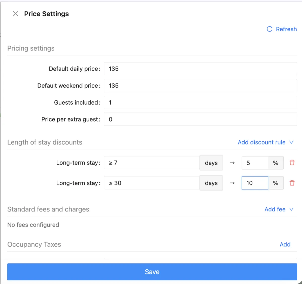 Channex Pricing Settings showing weekly (7+ days, 5%) and monthly (30+ days, 10%) long-term stay discounts