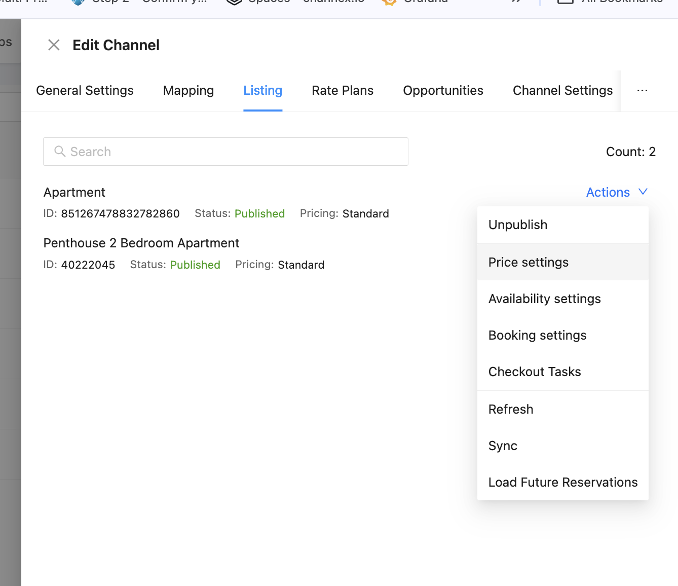 Navigating to Price Settings in Channex