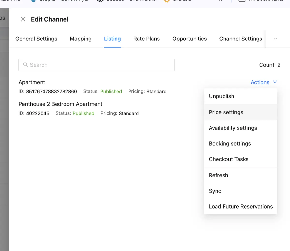 Navigating to Price Settings in Channex