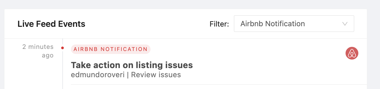 Channex Live Feed Events showing various Airbnb Notifications
