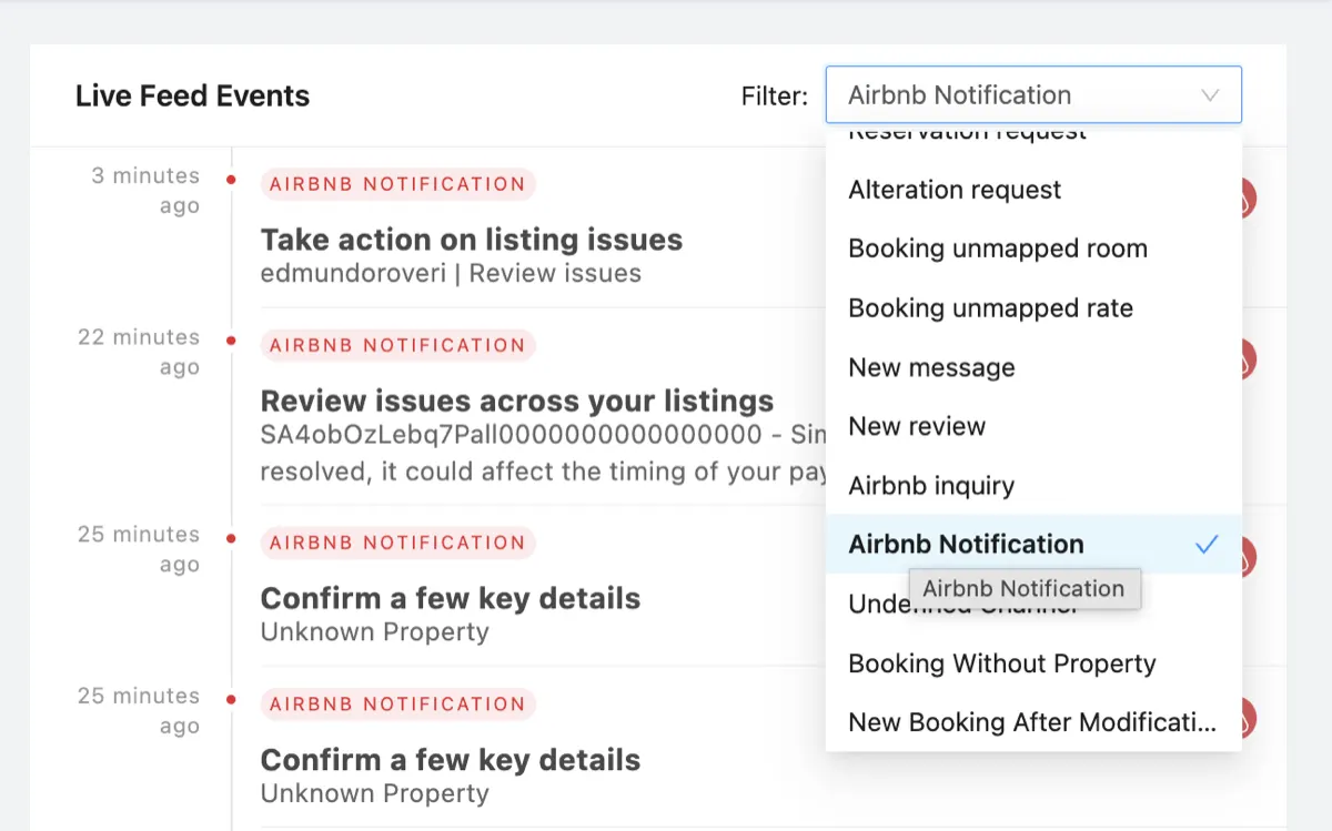 Filtering the Live Feed to show only Airbnb Notifications